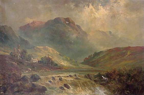 Campbell Scott oil: Campbell Scott (English/American 1930-)- Mountainous Landscape- oil on canvas, signed lower left, two 2'' tears, paint loss lower left corner, surface grime. 24 x 36''