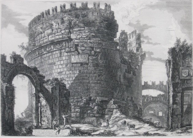 Giovanni Piranesi 2 etchings: Giovanni Piranesi (Italian 1720-1778)- ''Sepotero di Cecilia Metella'' and ''Veduta degli vanzi del Tablino...''- 2 etchings, from the Regia Calcografia edition, blind stamp lower left. 18 x 25'', 19 