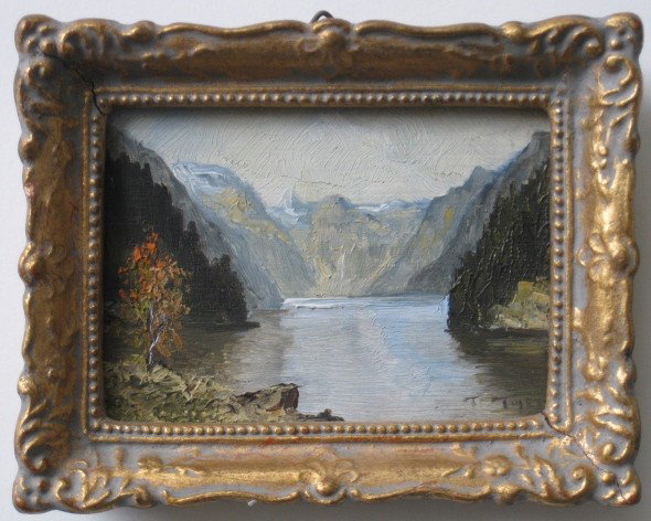 Kurt Mosch oil: Kurt Mosch- Landscape with Lake- oil on panel, signed K. Mosch- lower right, very good condition. 2 1/2 x 3 1/2''