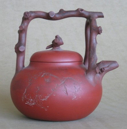 Chinese redware tea pot: Chinese redware tea pot- the handle and spout in the form of a root; together with a Chinese redware vase. 7''h, 6 1/8''h