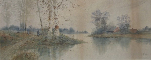 Louis Kinney Harlow watercolor: Louis Kinney Harlow (American 1850-1913)- Birch Trees and Houses By A River- watercolor on illustration board, signed Louis K. Harlow- lower right, paper age toned, some staining from old backing. 12 
