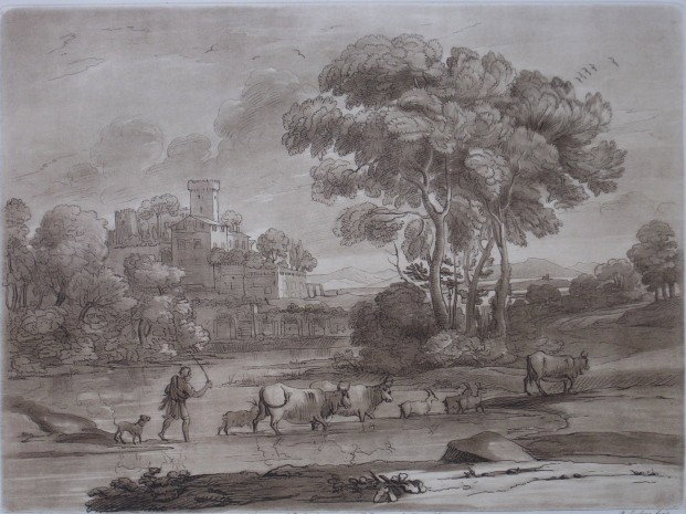 Richard Earlom etching: Richard Earlom (British 1742-1822)- Figure and Cattle- etching and aquatint, 1775, after drawing by Claude Lorrain (No. 107), published by John Boydell, very good condition. 8 1/8 x 10 1/4''