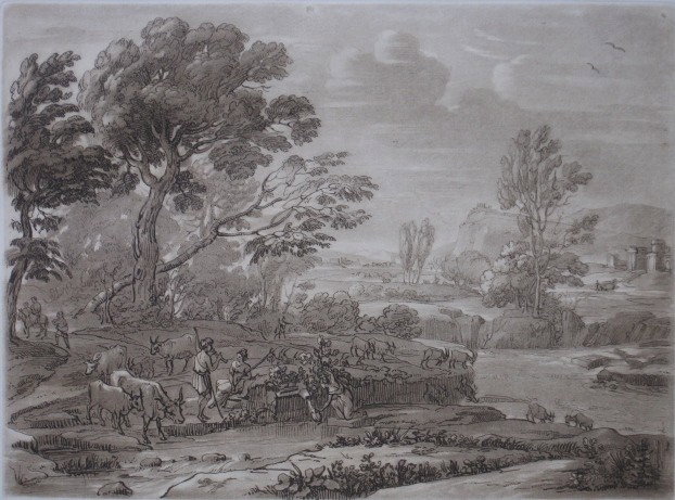 Richard Earlom etching: Richard Earlom (British 1742-1822)- Figure and Cattle By River- etching and aquatint, 1775, after drawing by Claude Lorrain (No. 110), published by John Boydell, very good condition. 8 1/8 x 10 1/4''