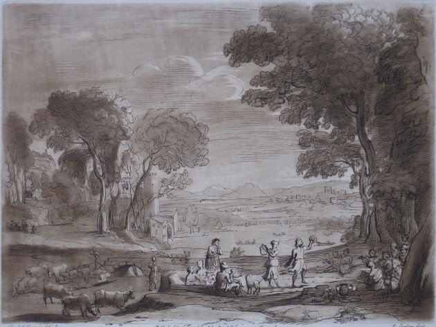 Richard Earlom etching: Richard Earlom (British 1742-1822)- Figures by a River- etching and aquatint, 1775, after drawing by Claude Lorrain (No. 113), published by John Boydell, very good condition. 8 1/8 x 10 1/4''