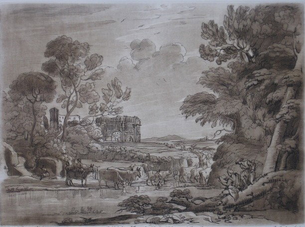 Richard Earlom etching: Richard Earlom (British 1742-1822)- Herdsmen and Cattle by a River- etching and aquatint, 1775, after drawing by Claude Lorrain (No. 115), published by John Boydell, very good condition. 8 1/8 x 10 1/