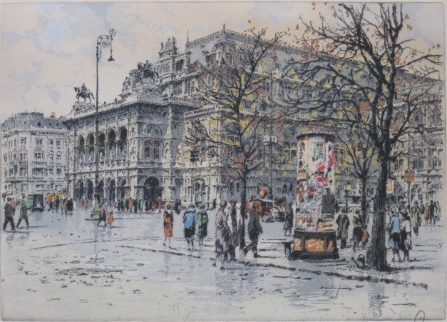Hans Figura etching: Hans Figura (Austrian 1898-1978)- ''The Opera House, Vienna''- etching in colors, signed and numbered 36/50 in pencil. 9 3/4 x 13 5/8''