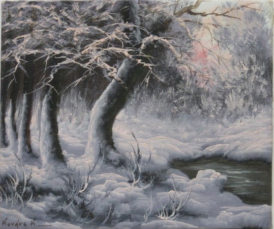 K. Kovacs oil: K. Kovacs- Winter Landscape- oil on canvas, signed Kovacs K- lower left, minor paint loss in corners, otherwise good condition. 9 3/4 x 11 1/2''