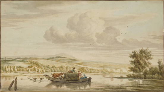A. Van de Velde watercolor: Style of Adriaen Van de Velde (Dutch 1636-1672) Landscape- watercolor on paper, bears a signature A. Van de Velde in pencil on support sheet, watercolor is tipped to a support sheet and small repaired