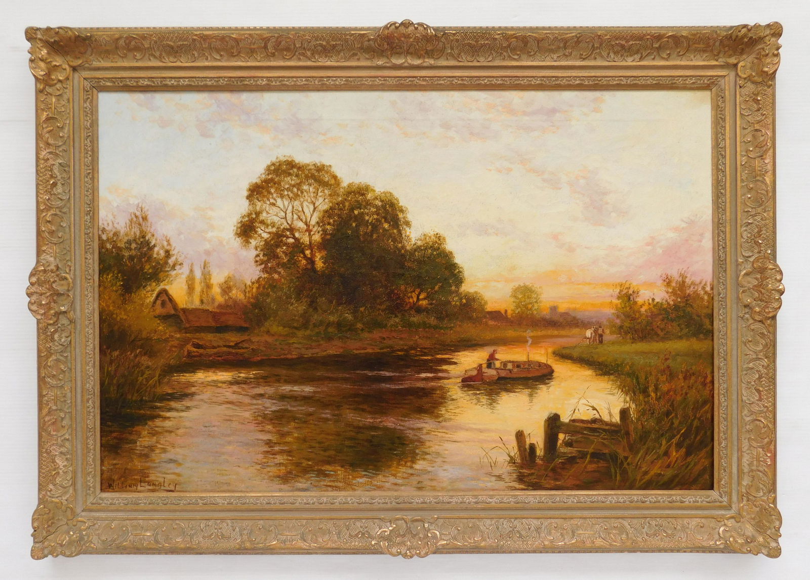 William Langley oil: William Langley (British 1852-1922) River Boat being Pulled by a Horse- oil on canvas, signed William Langley lower left, framed. 20 1/4 x 30''