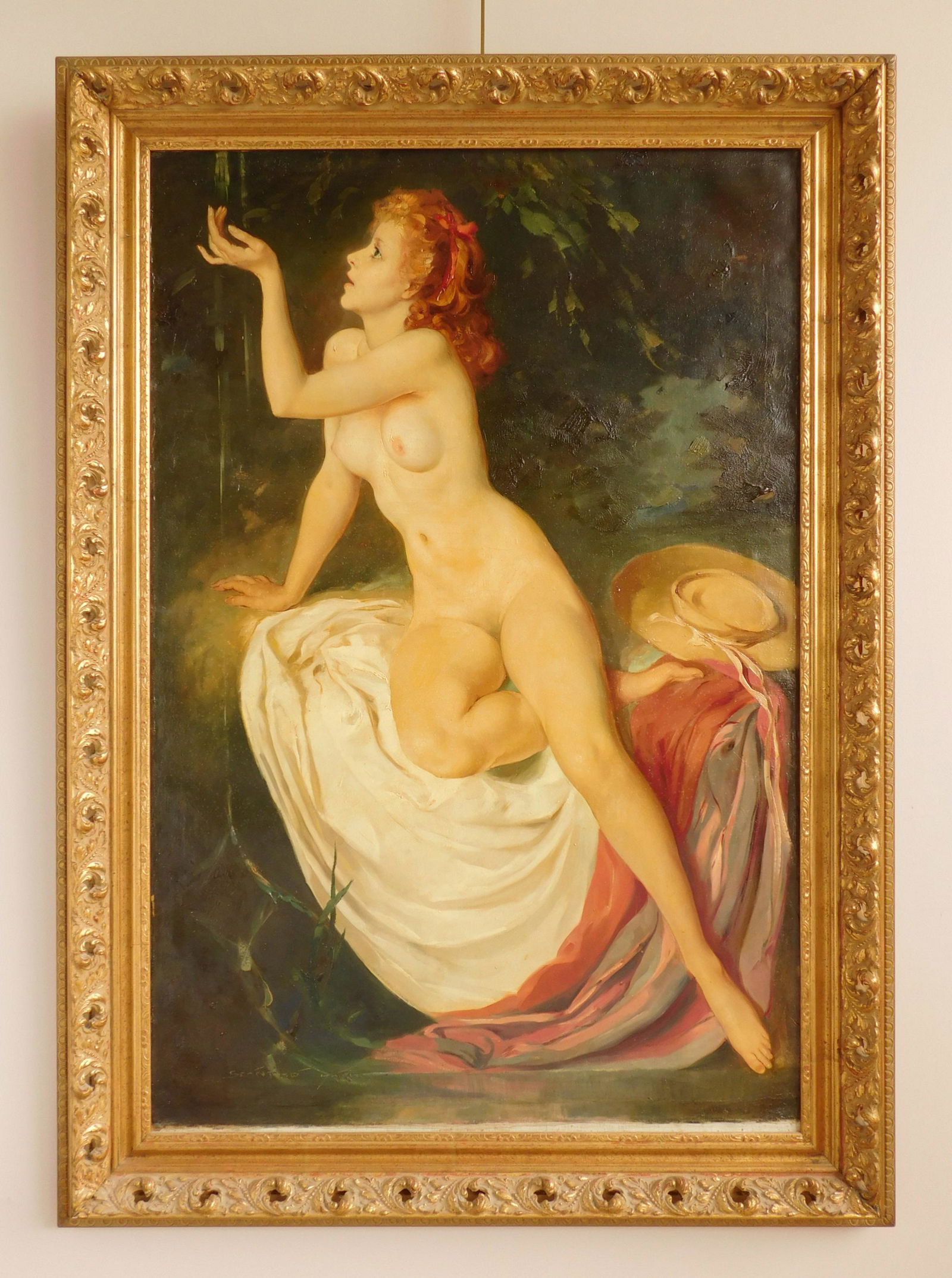 Maria Szantho oil: Maria Szantho (Hungarian 1897-1998) Seated Nude- oil on canvas, signed Szantho lower left, framed, good condition. 41 x 27 1/4'' Provenance: Coellction of Otto & Melinda Bernath, Akron, OH