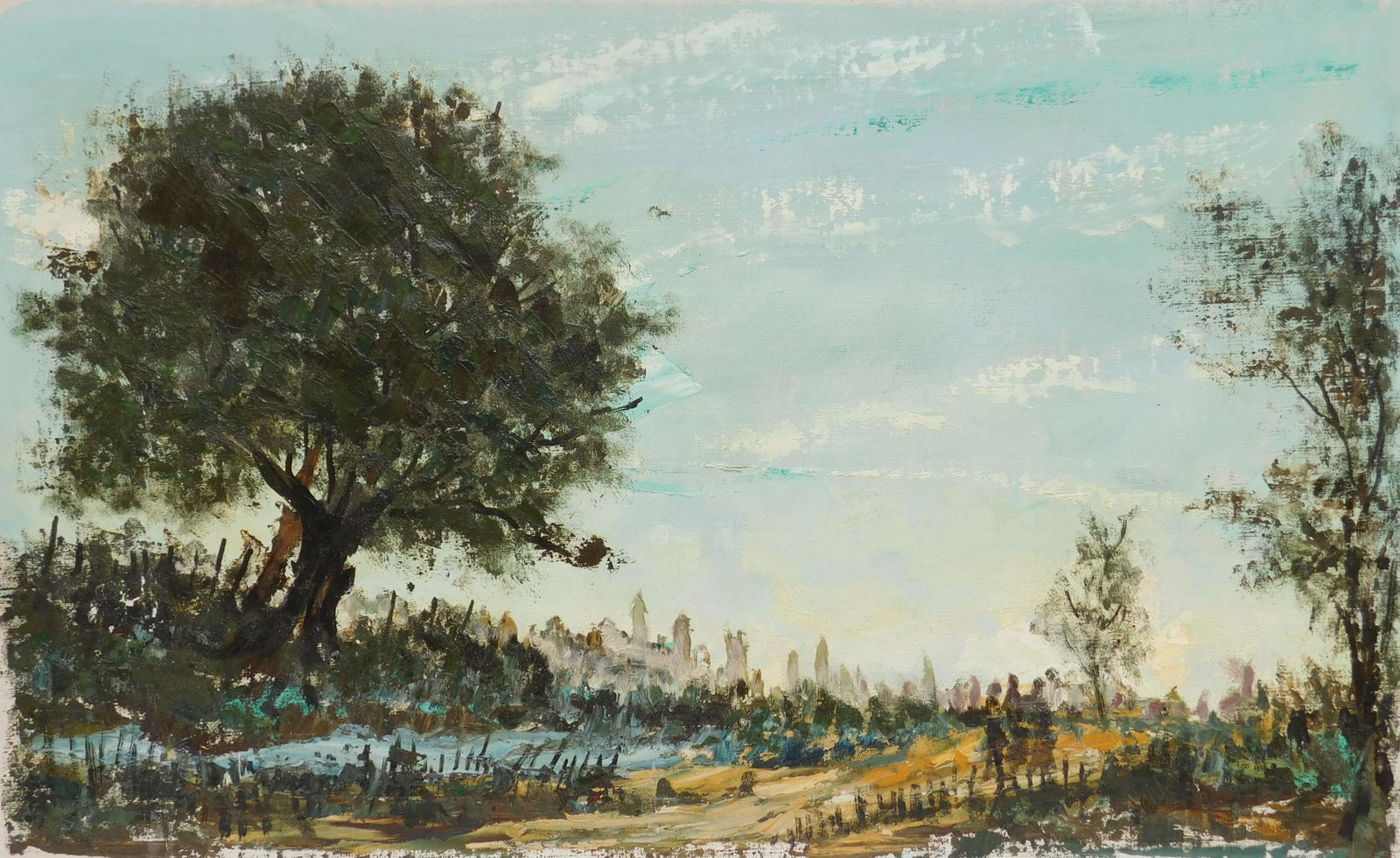 Albert Pels oil: Albert Pels (American 1910-1998) Landscape with City in the Distance- oil on canvas. 13 x 21'' Provenance: Private collection- New York, NY; By descent estate of the artist.