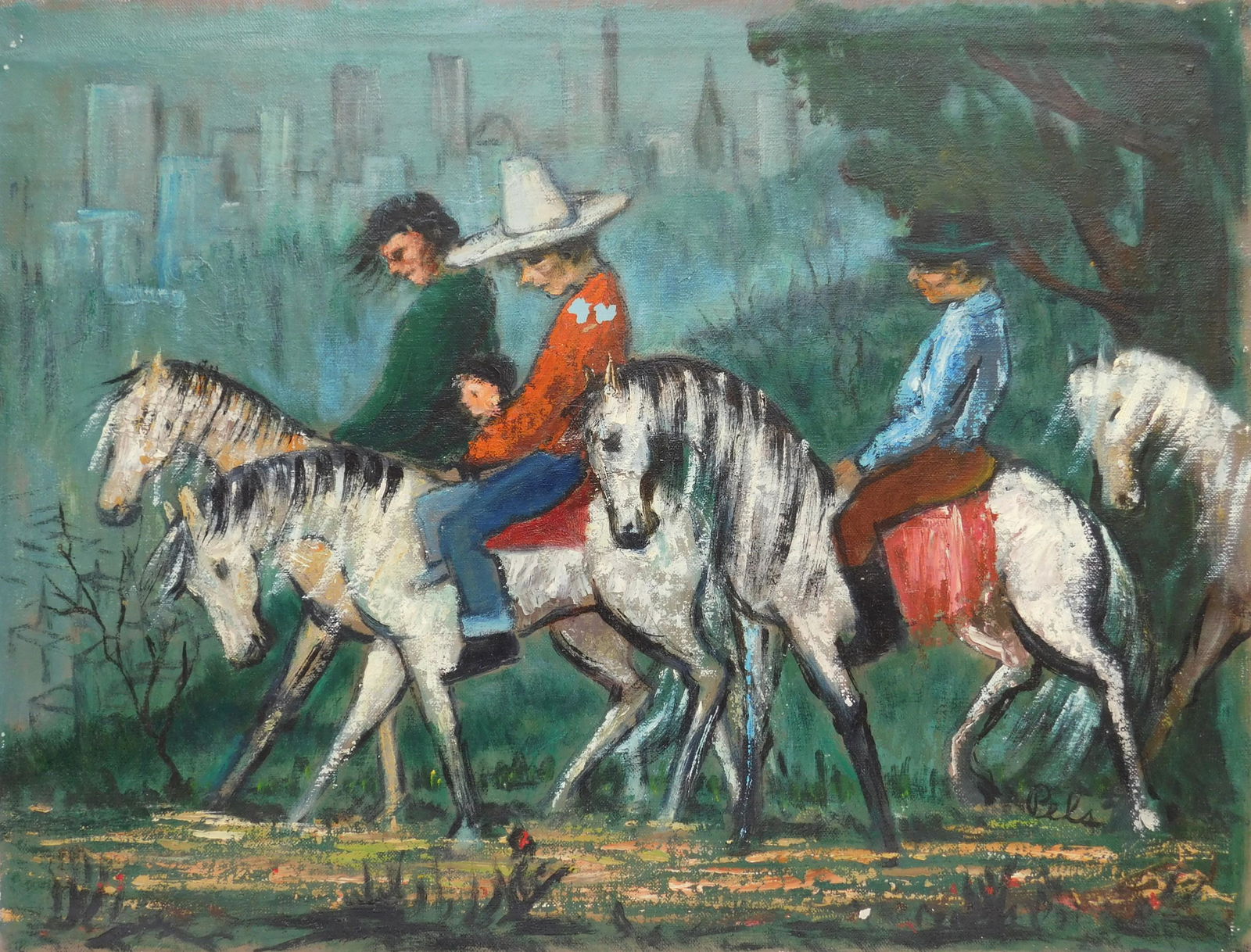 Albert Pels oil: Albert Pels (American 1910-1998) On Horseback- oil on canvas, signed Pels lower right, loss in lower left of canvas and a few areas of paint loss. 14 x 19 1/4'' Provenance: Private collection- New Yor