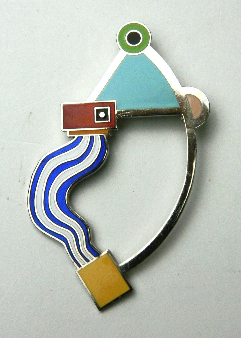 Marco Zanini, Oreliana brooch: Marco Zanini, Oreliana brooch, enamel on silverplate, ca. 1985, marked 'ZANNINI/ for/ ACME/ STUDIO. 1 3/4 x 3''