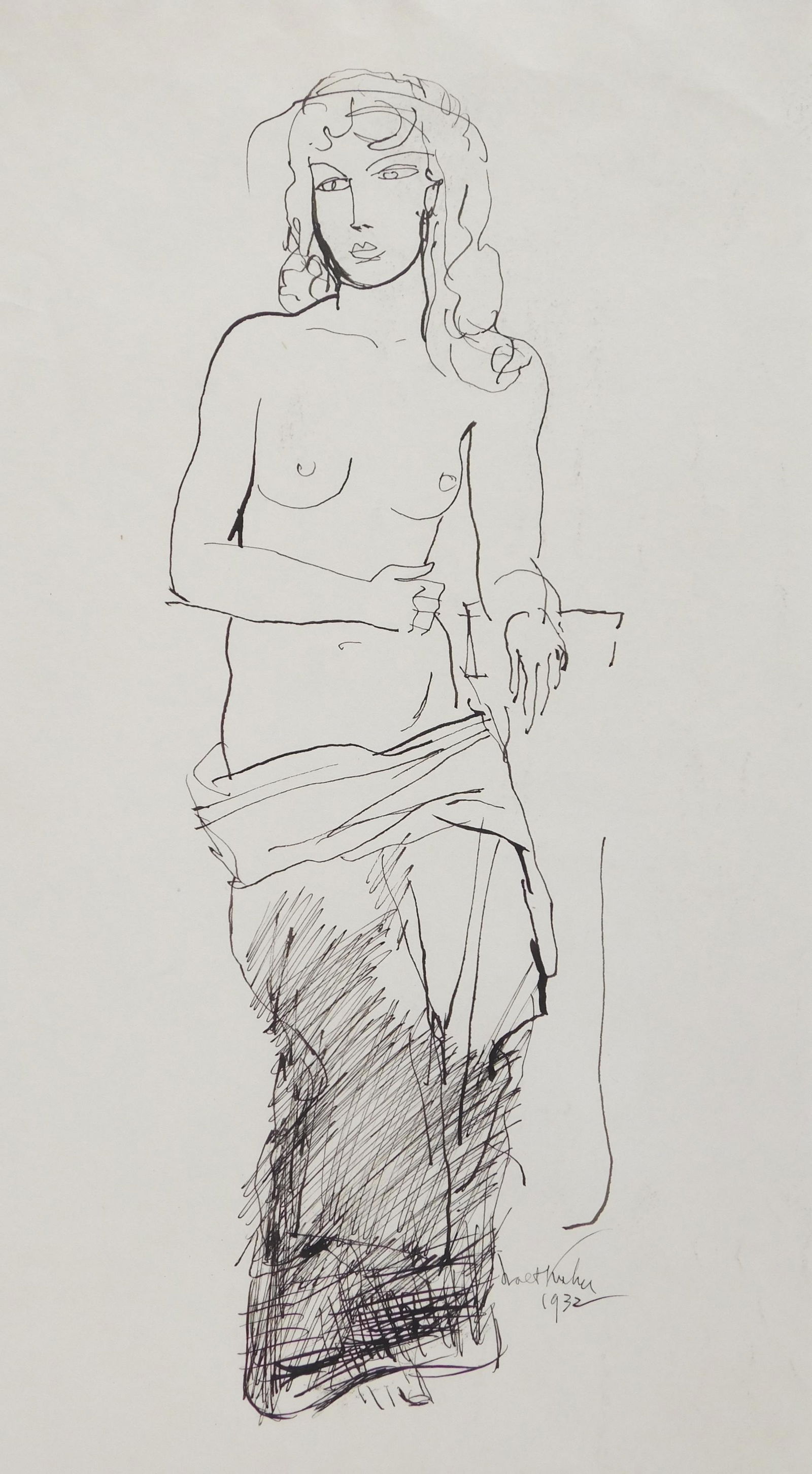 Walt Kuhn pen and ink: Walt Kuhn (American 1877-1949) Standing Female- pen and ink on paper, 1932, signed Walt Kuhn/ 1932 lower right. 17 x 9 1/4'' Provenance: John Davis collection, Falls Church, VA