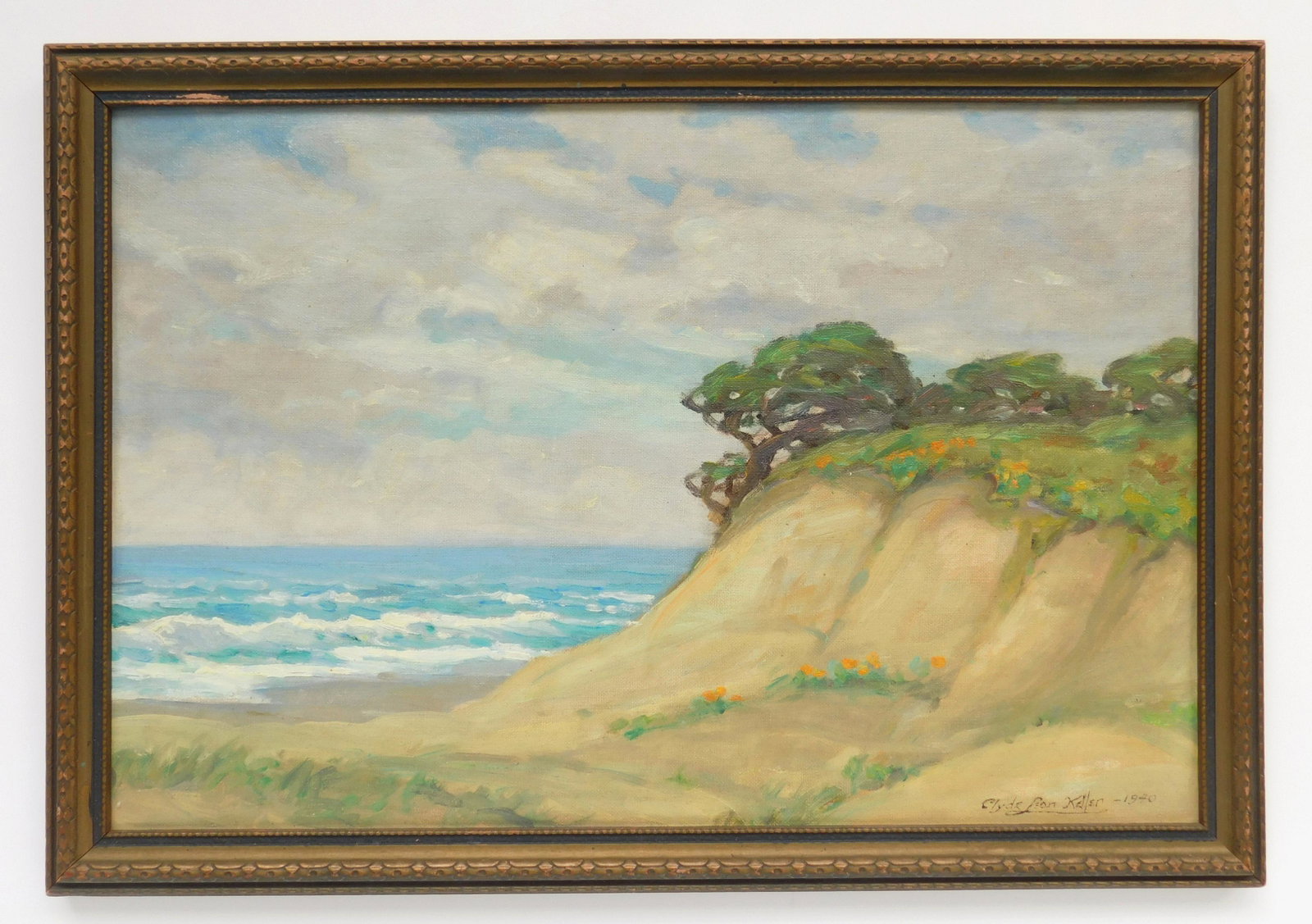 Clyde Leon Keller oil: Clyde Leon Keller (American 1872-1962) Seaside Landscape- oil on canvasboard, 1940, signed Clyde Leon Keller 1940 lower right, very good condition, framed. 12 x 18''