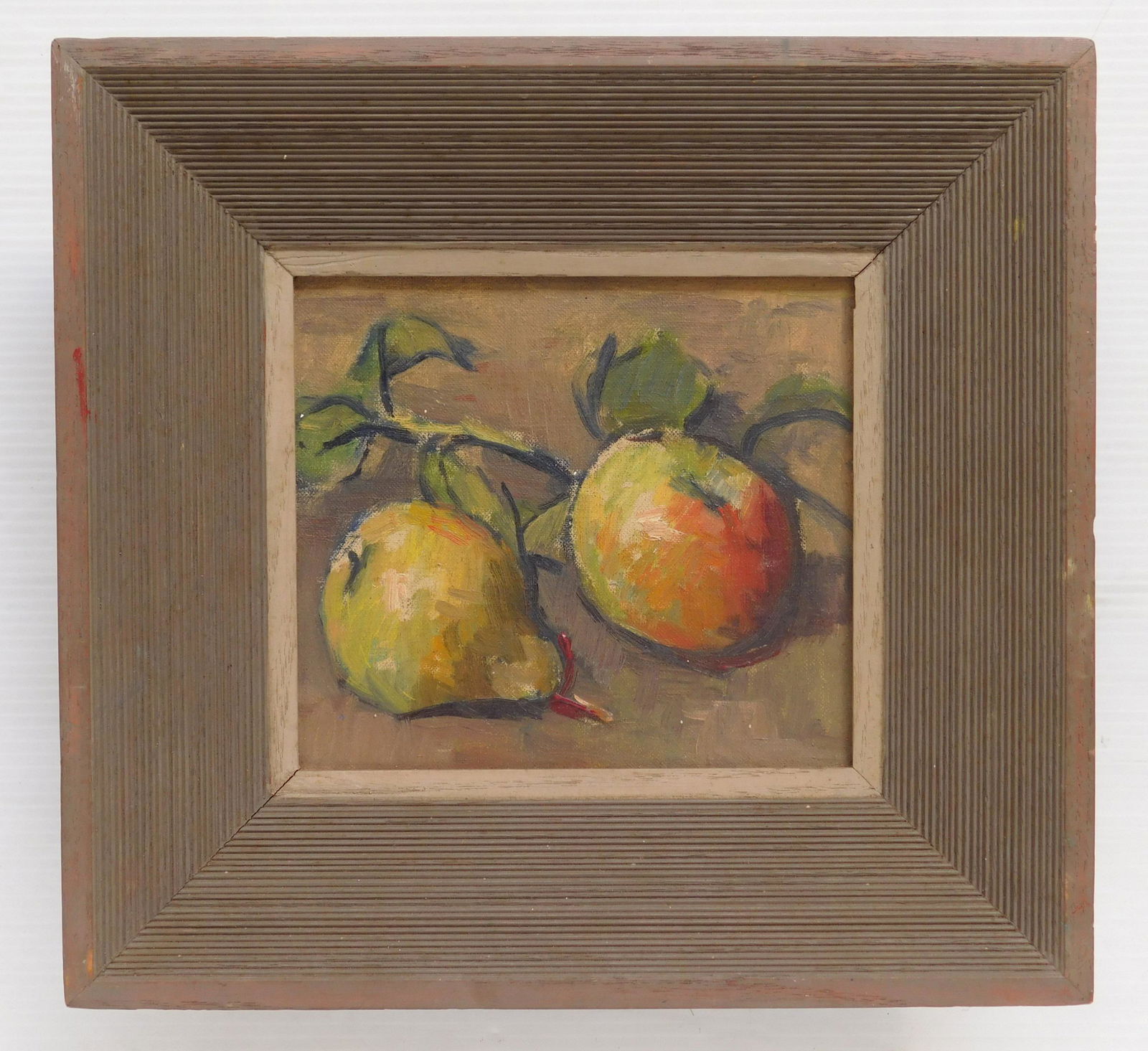 Robert Brackman oil: Robert Brackman (American 1898-1980) Still-Life with Apple and Pear- oil on canvas, framed. 7 x 8''