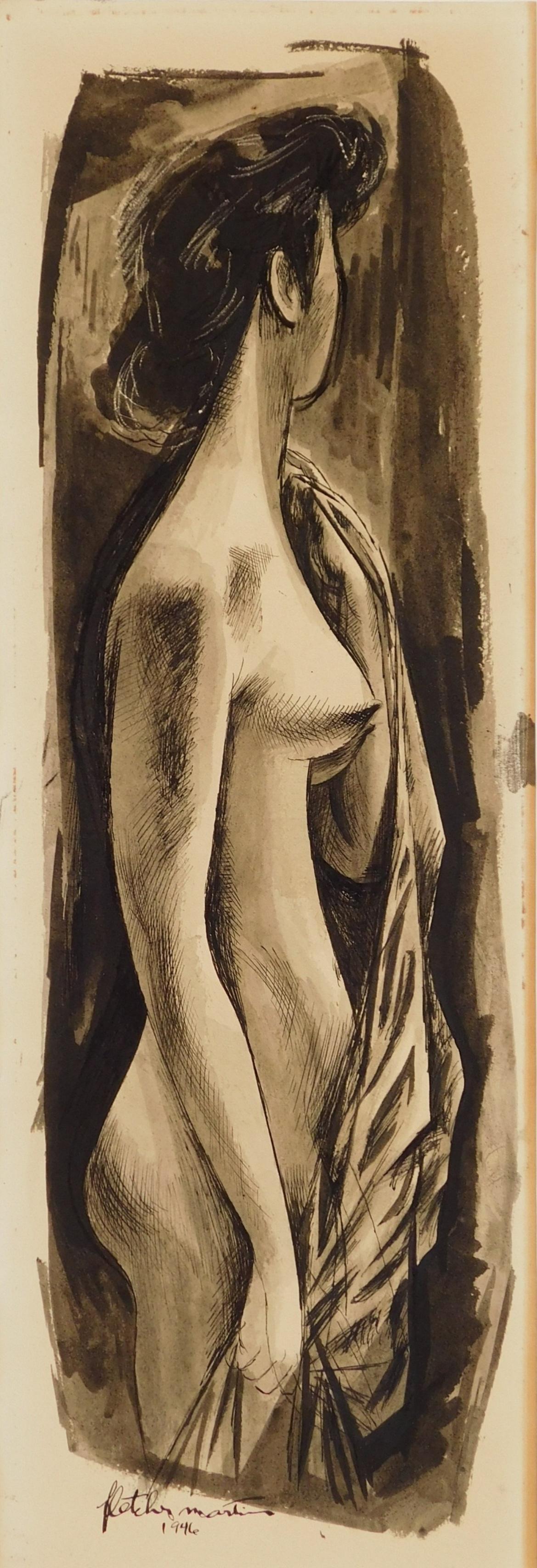 Fletcher Martin pen and ink: Fletcher Martin (American 1904-1979) Study for Ritual- pen and ink and wash on paper, 1946, signed Fletcher Martin/ 1946 lower left, paper slightly age toned, framed. 17 x 6'' Provenance: John Davis c
