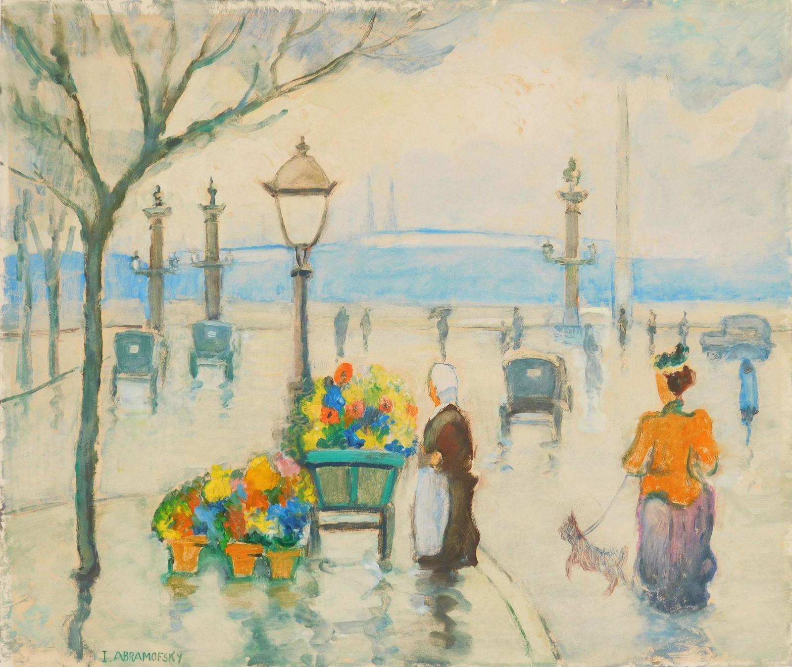 Israel Abramofsky oil: Israel Abramofsky (American 1888-1975) The Flower Vendor- oil on paper, signed I. Abramofsky lower left, framed. 16 x 18 1/2''