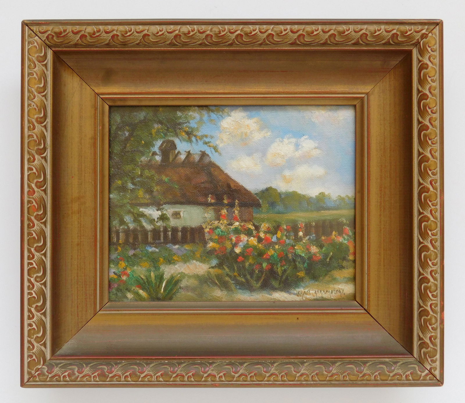 Israel Abramofsky oil: Israel Abramofsky (American 1888-1975) Landscape with Cottage- oil on board, signed Israel Abramofsky lower right, good condition, framed. 7 x 8 7/8''