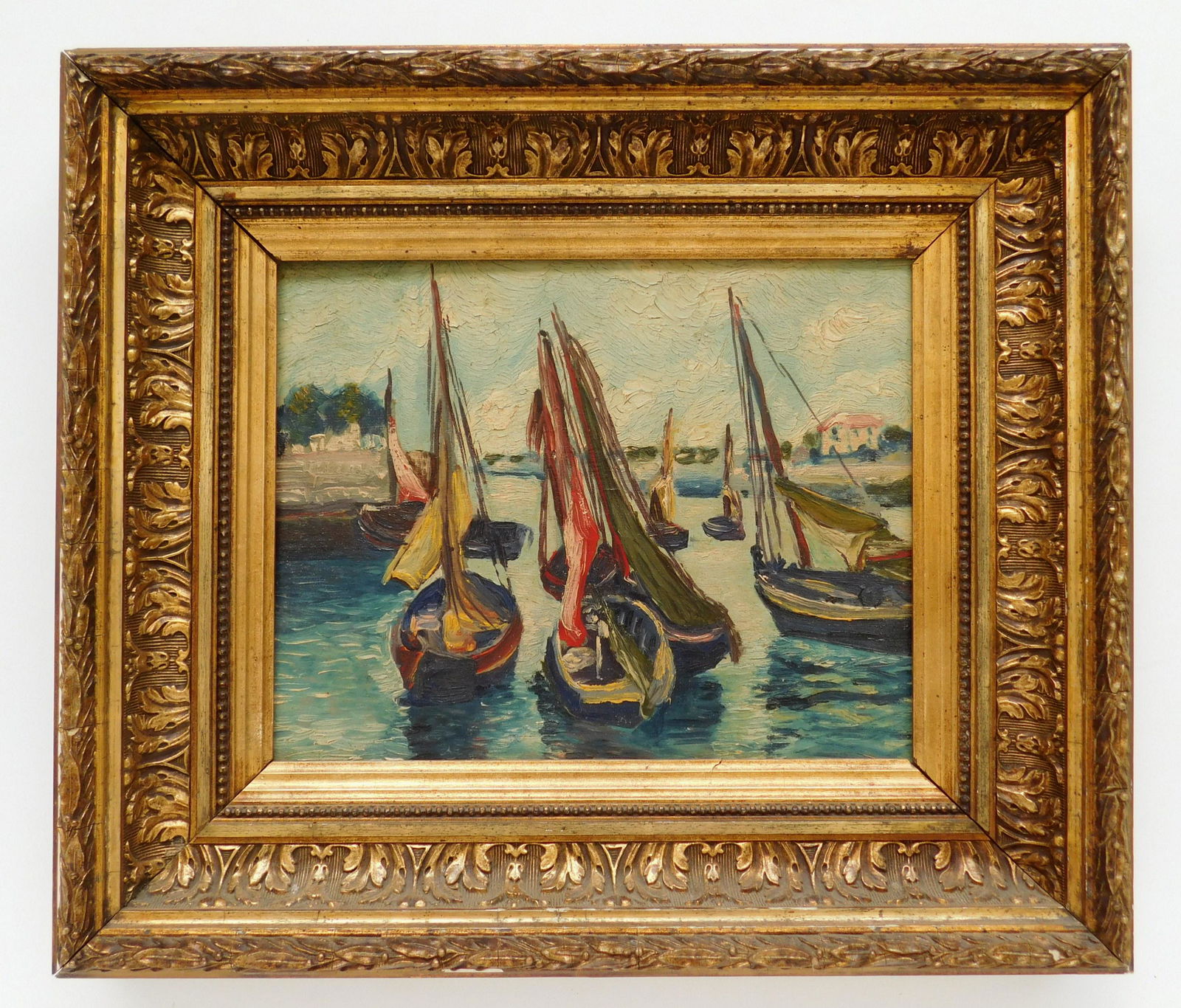 20th c. American School oil: 20th c. American School Fishing Boats in the Harbor- oil on panel, good condition, framed. 8 x 9" Provenance: John Davis collection, Falls Church, VA