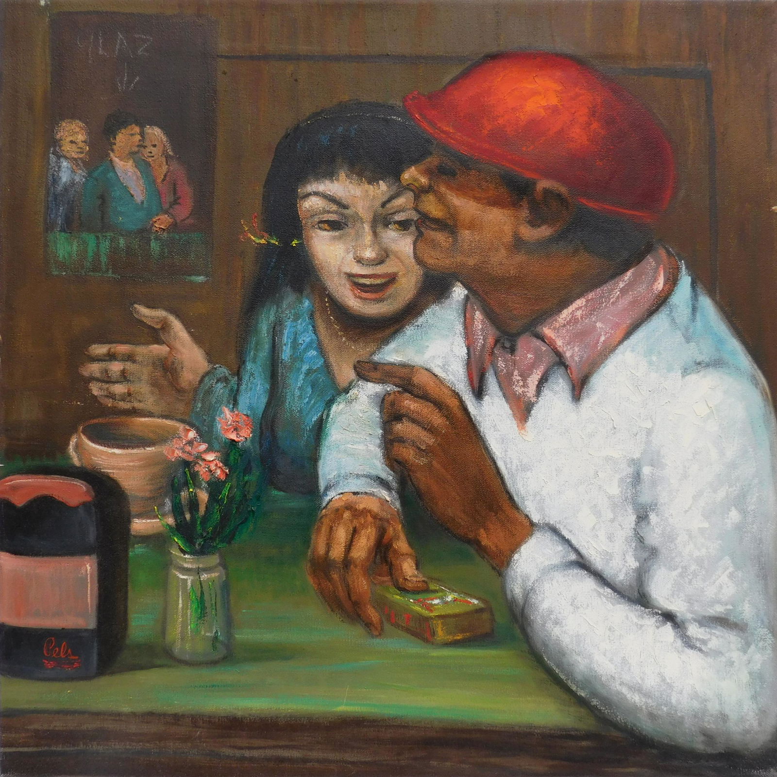 Albert Pels oil: Albert Pels (American 1910-1998) ''Two at Bar''- oil on canvas, signed Pels lower left, very good condition. 21 x 21''