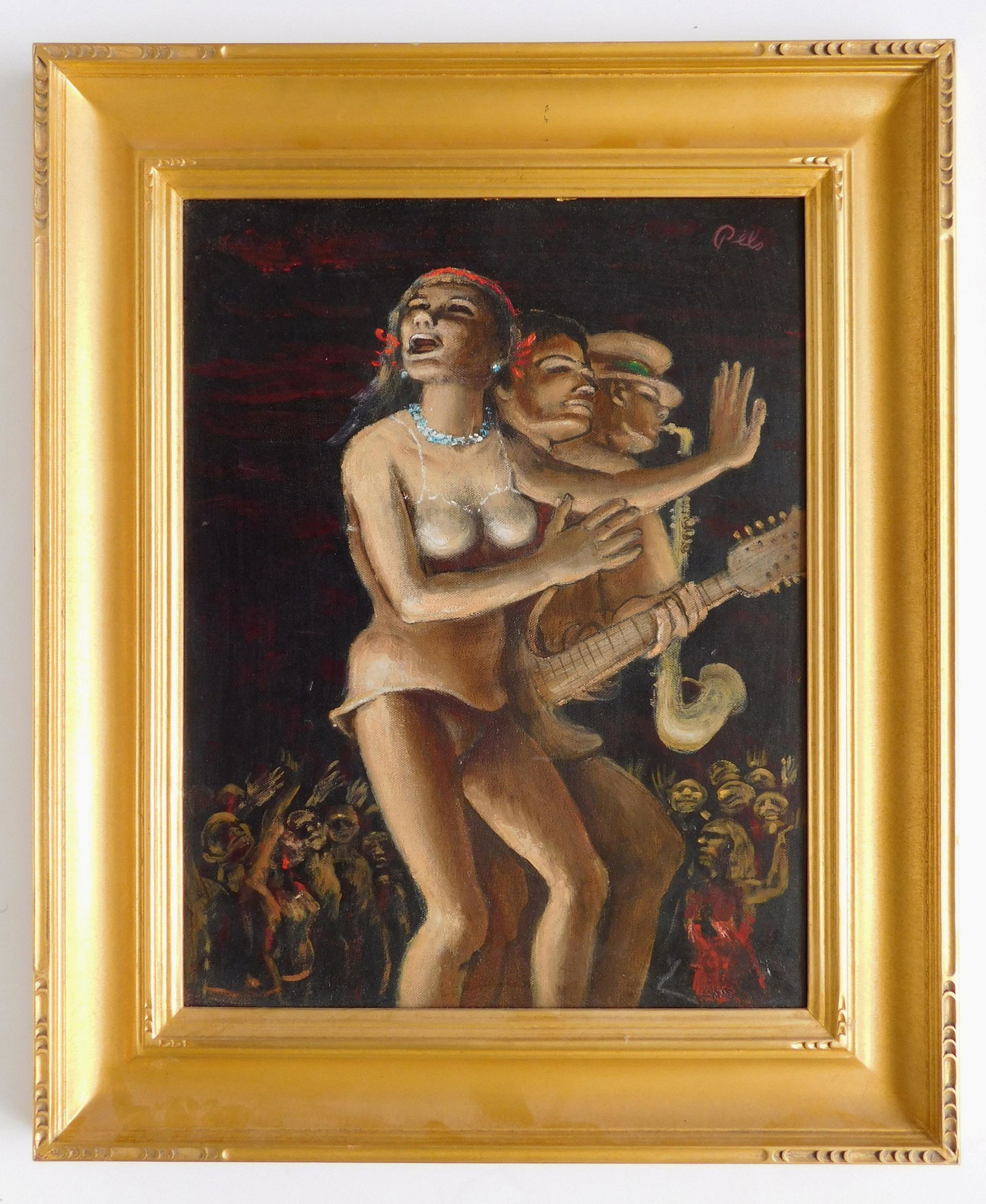 Albert Pels oil: Albert Pels (American 1910-1998) ''Musician Leprechaun Audience''- oil on canvas laid on board, signed Pels upper right, titled verso, very good condition, framed. 18 x 14''