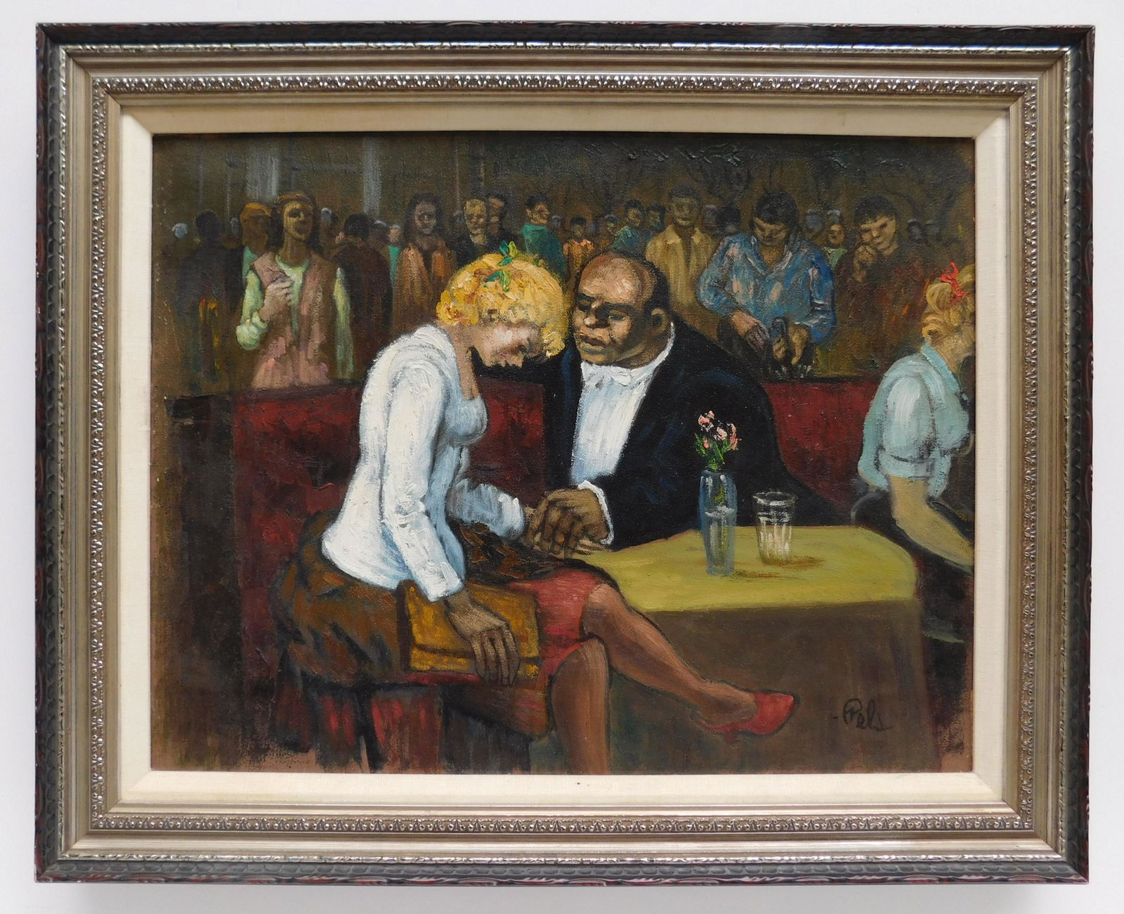 Albert Pels oil: Albert Pels (American 1910-1998) ''Young Girl and Wealthy Benefactor''- oil on canvas (wax infused), signed Pels lower right, titled verso, framed. 14 x 18''