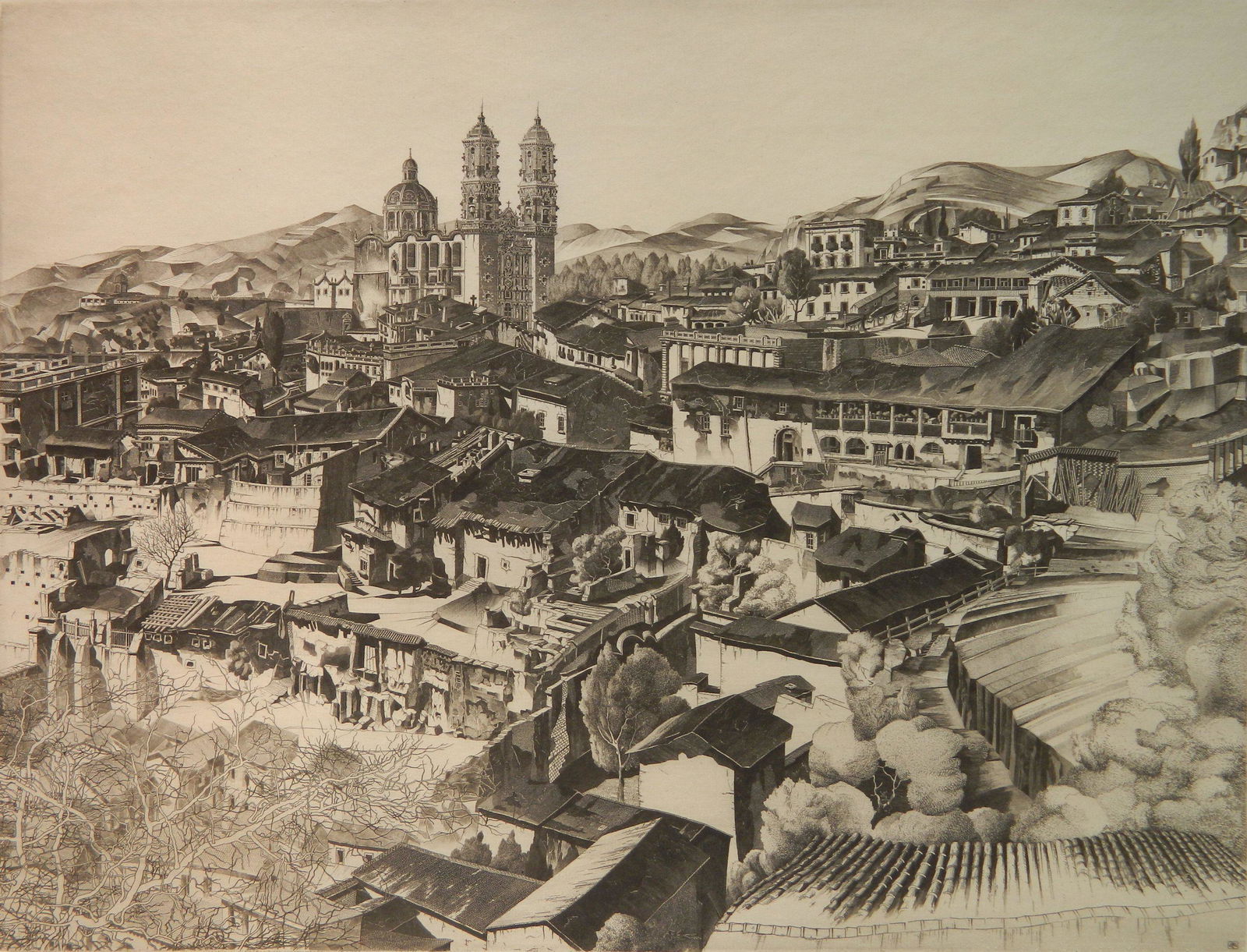John Taylor Arms etching: John Taylor Arms (American 1887-1953) ''Light and Shade, Taxco'' (Fletcher 394)- etching, 1946, signed and dated in pencil, edition of 279, Mexican Series #2, inscription in pencil lower left has been
