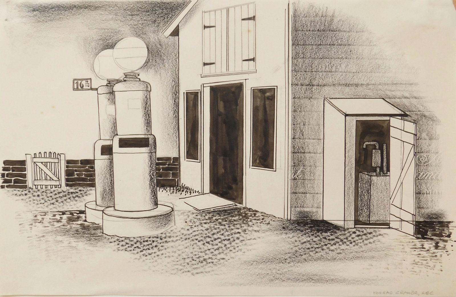 Konrad Cramer lithograph: Konrad Cramer (American 1888-1963) ''Gas Station''- lithograph with hand touch-up on paper, ca. 1930, signed. 11 x 16 1/2'' Provenance: John Davis collection, Falls Church, VA