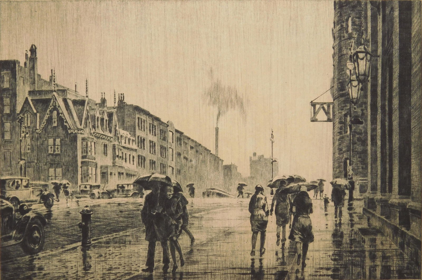 Martin Lewis dyrpoint: Martin Lewis (American 1881-1962) ''Rain on Murray Hill''- (Mc Carron 75)- drypoint, 1928, signed in pencil, edition of 110, paper light toned. 7 7/8 x 11 7/8'' Provenance: John Davis collection- Fall