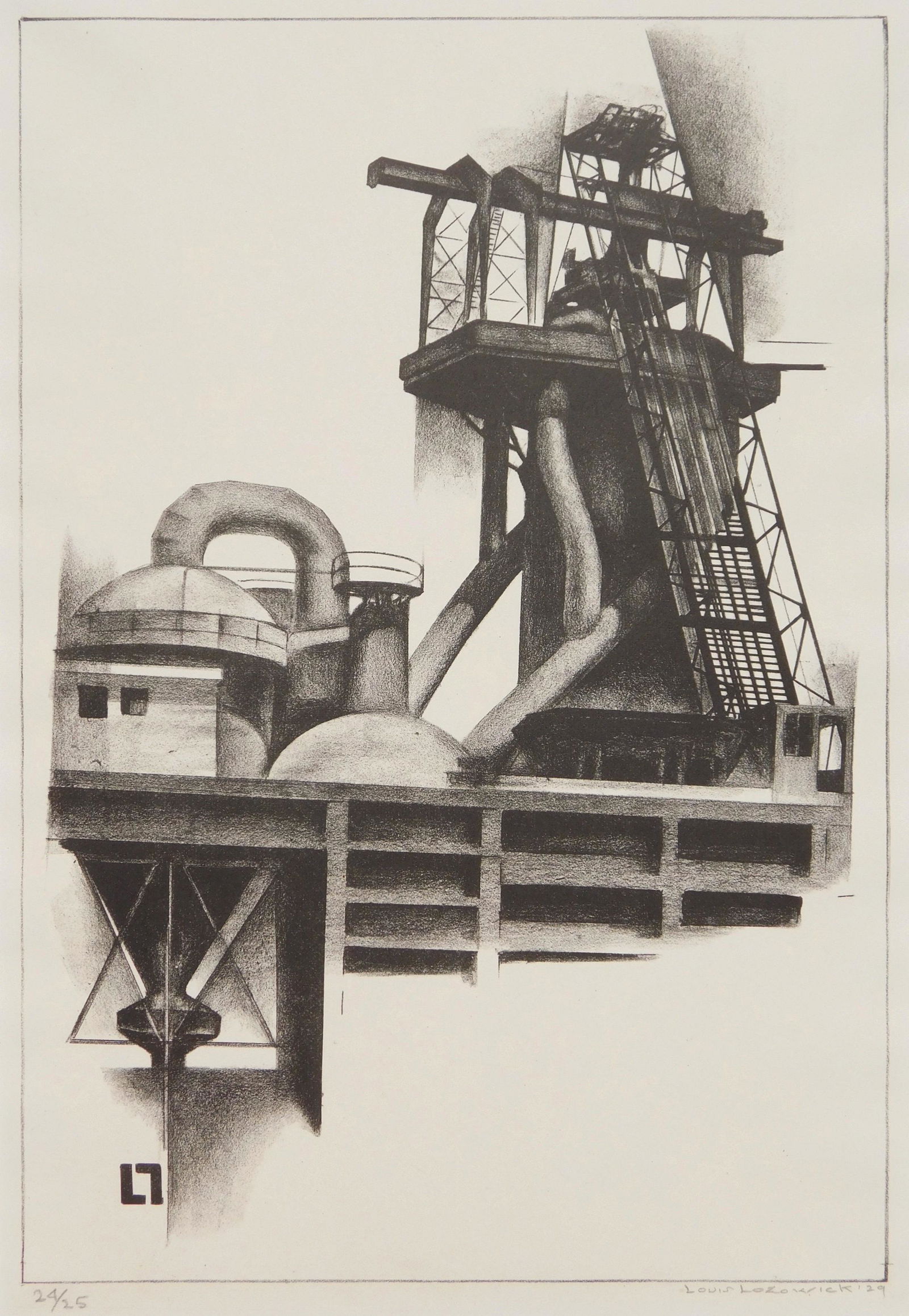 Louis Lozowick lithograph: Louis Lozowick (American 1892-1973) ''Corner of Steel Plant'' (Flint 21)- lithograph, 1929, signed, dated and numbered 24/25 in pencil. 11 3/8 x 7 13/16'' Provenance: John Davis collection- Falls Chur