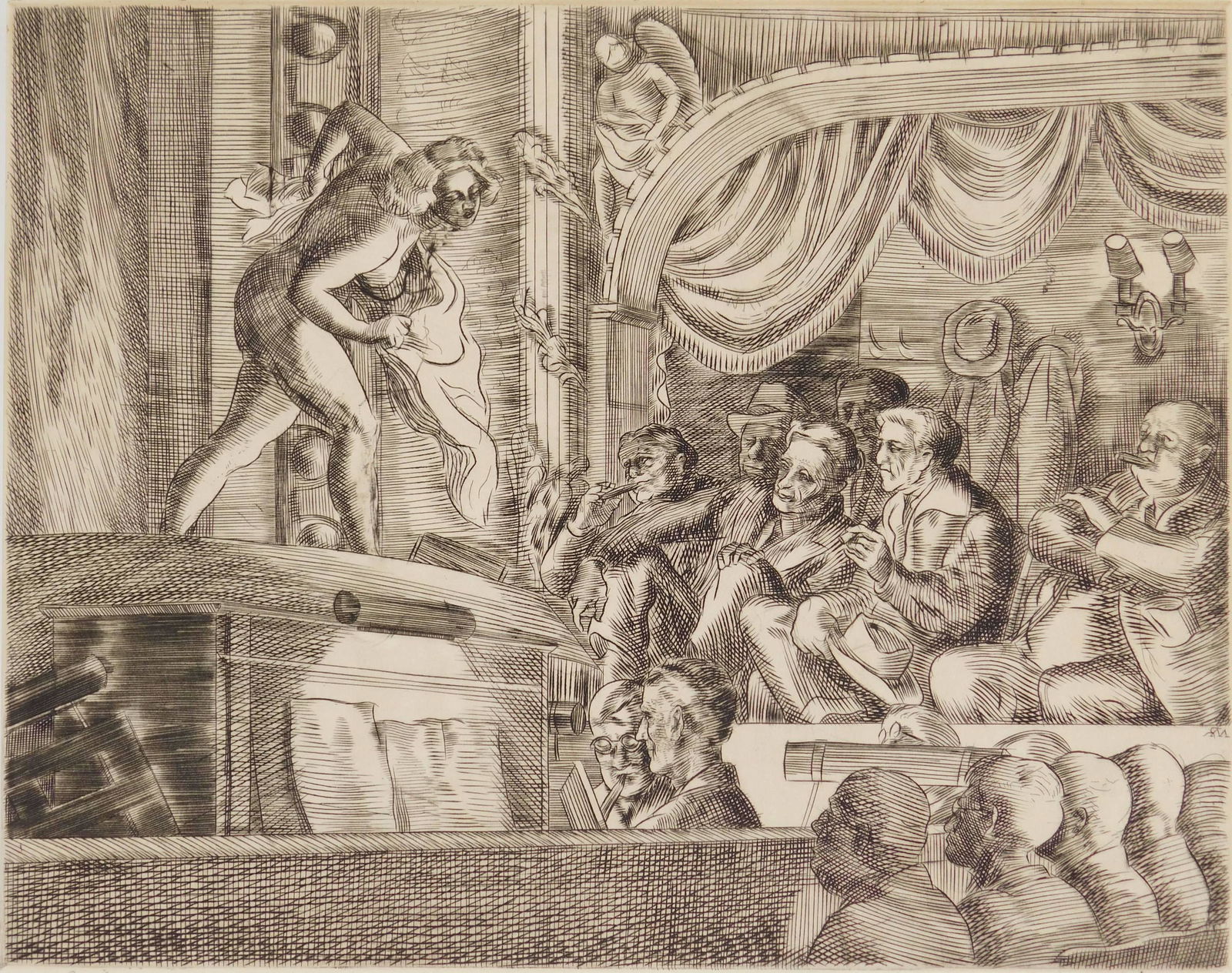 Reginald Marsh engraving: Reginald Marsh (American 1898-1954) ''People's Follies'' (Sasowsky 178)- engraving, 1938, signed and annotated 'Forty Proofs' in pencil. 9 1/2 x 12'' Provenance: John Davis collection- Falls Church, V