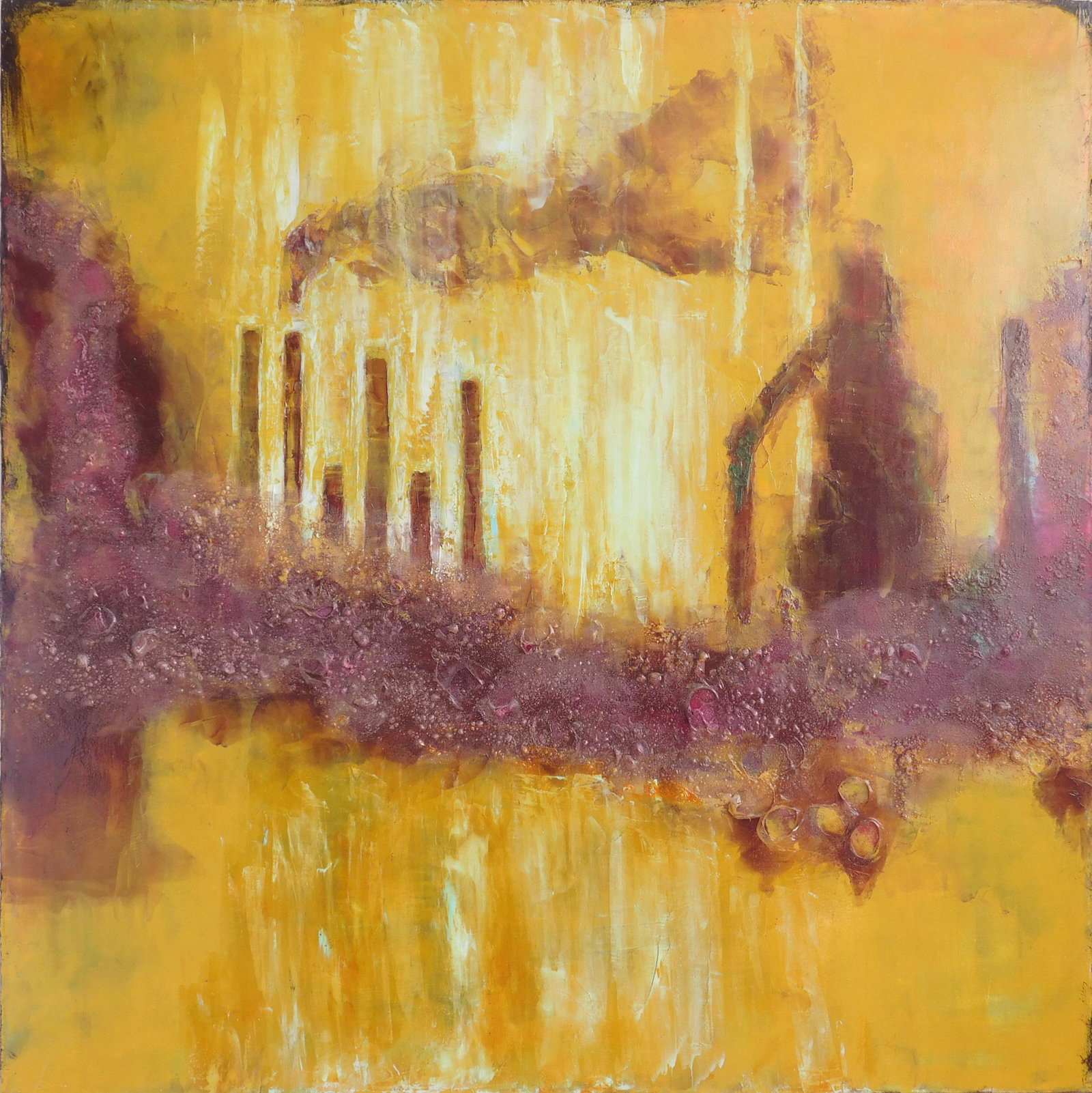 Lila Rose Kole acrylic: Lila Rose Kole (American 20th/21st c.) Industrial Scene- acrylic and mixed media on canvas, very good condition. 42 x 42''