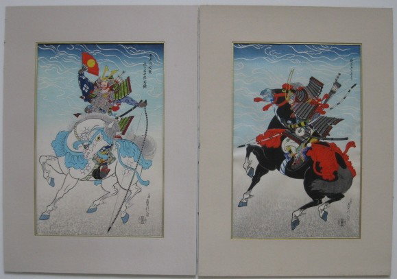 Sadanobu Hasegawa 2 woodblocks: Sadanobu Hasegawa- Warrior Kajiwara Kagesue; Warrior Sadaki Takatsuma- 2 woodblocks in colors. 15 1/2 x 10''ea.