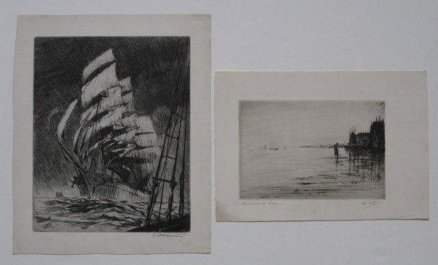 20th c. American School etchings: 20th c. American School- Clipper Ship; ''Grovesend Bay''- 2 etchings, both signed illegibly in pencil, very good condition. 10 1/2 x 8 1/2''; 5 1/4 x 7 7/8''