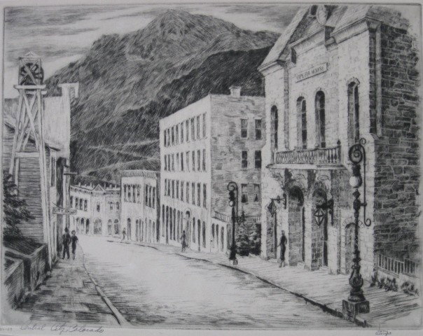 Jerry Albright etching: Jerry Albright- ''Central City Colorado''- etching, signed, titled and numbered 26-59 in pencil, slightly light struck otherwise very good condition. 8 7/8 x 11 5/8''