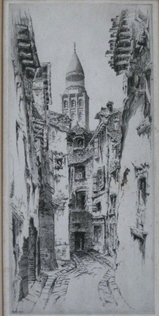 John Taylor Arms etching: John Taylor Arms- ''A Tower of Saint Front, Perigneux'' (Fletcher 212)- etching, 1928, signed and dated in pencil, edition of 100, French Church Series #22, Illustrated on p. 96 in Dorothy Noyes Arms-