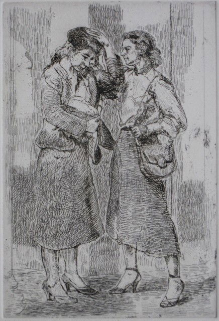 Isabel Bishop etching: Isabel Bishop- ''Two Girls Outdoors'' (Teller 49)- etching, 1953, signed and numbered 48/50, very good condition. 7 3/8 x 5''