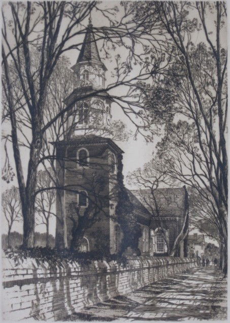 Samuel Chamberlain drypoint: Samuel Chamberlain- ''Bruton Parish Church, Williamsburg'' (Chamberlain 137)- drypoint, 1937, signed and numbered 81/100 in pencil, light struck otherwise very good condition. 10 1/2 x 7 1/2''