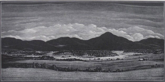 Asa Cheffetz wood engraving: Asa Cheffetz- ''Border Country'' (Springfield 67)- wood engraving, ca. 1944, signed in pencil, very good condition. 4 3/8 x 9''