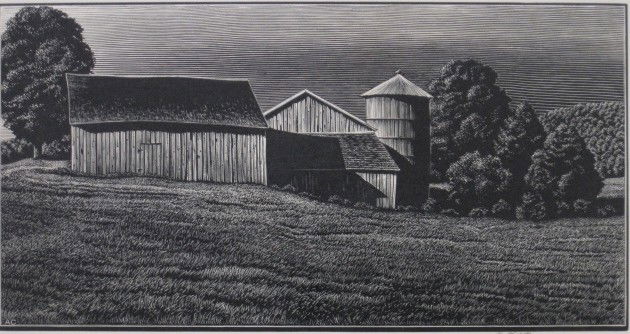 Asa Cheffetz wood engraving: Asa Cheffetz- ''Farm Buildings'' (Springfield 76)- wood engraving, ca. 1945, signed in pencil, AAA edition, slightly light struck. 4 3/4 x 9 1/8''