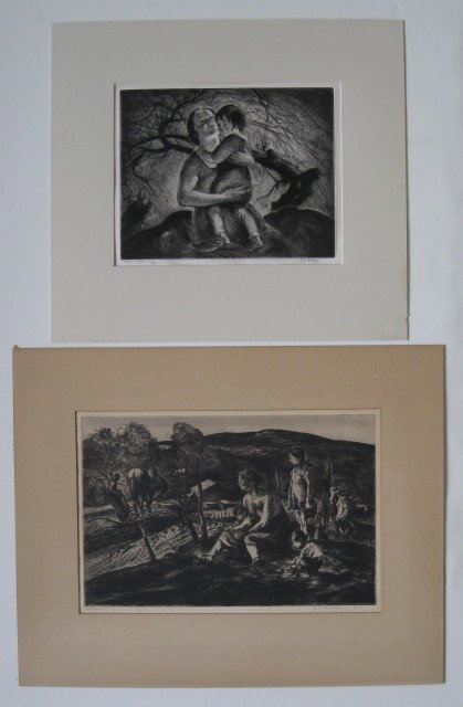 John Costigan etchings: John Costigan- ''Mother and Child''; ''Autumn''- 2 etchings, both signed and titled in pencil, ''Mother'' numbered 15/75 in pencil, both taped to top mat with paper tape, ''Autumn'' is light struck an