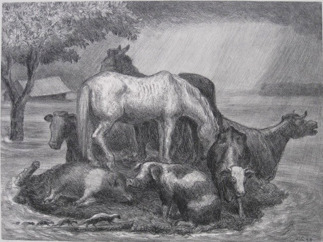John S. Curry lithograph: John S. Curry- ''Sanctuary'' (Cole 38)- lithograph, 1944, signed, titled and inscribed 'for Ramona and Tim with our best wishes 'K. and J. Curry' in pencil, very good condition. 11 3/4 x 15 3/4''