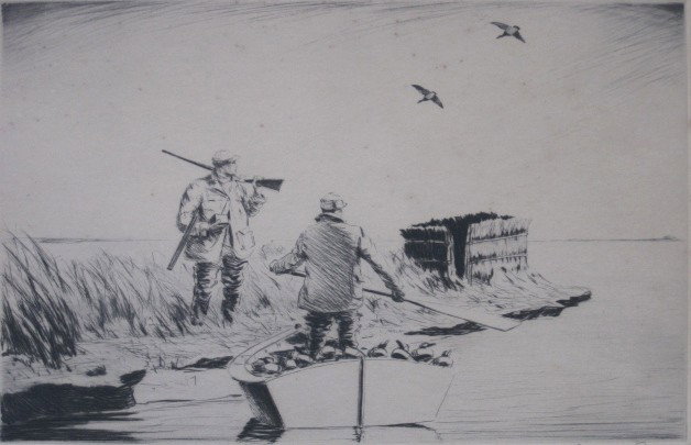 Churchill Ettinger etching: Churchill Ettinger- ''The Old Story''- etching, signed and titled in pencil, light struck and taped around edges to the top mat. 7 3/8 x 11 1/2''