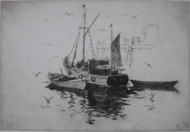 Sears Gallagher etching: Sears Gallagher- Boats in Harbor- etching, signed in pencil, slight mat burn. 8 3/4 x 12 3/4''
