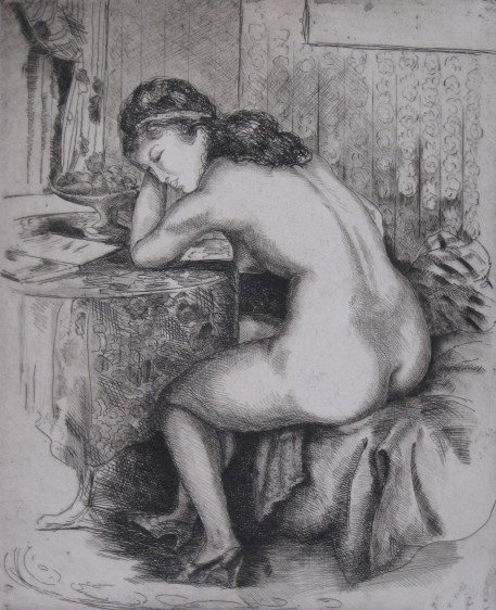 Emil Ganso drypoint: Emil Ganso- ''Girl at Table'' (Smith I56)- drypoint, 1932 or 1927, signed in pencil, edition of 35, minor soiling and staining in margins and verso. 10 7/8 x 8 3/4''