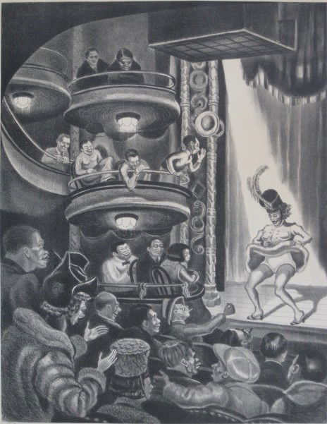 Bertram Goodman lithograph: Bertram Goodman- ''Burlesque''- lithograph, 1941, signed, titled, dated and annotated '20 prints' and inscribed 'to Jay Levin with best wishes' in pencil, slightly light struck. 15 x 11 3/8''
