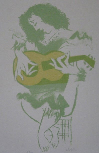 William Gropper lithograph: William Gropper- Lute Player- lithograph in two colors, signed and numbered 43/150 in pencil, paper age toned. 16 x 9 1/2''