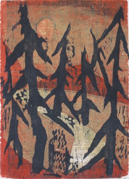 Hildegarde Haas woodcut: Hildegarde Haas- ''October''- woodcut in colors, 1949, signed, dated and titled in pencil, some foxing and staining in margins otherwise good condition. 8 1/4 x 6''