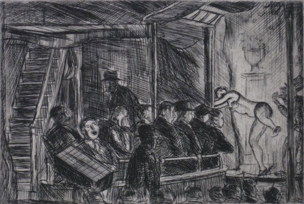 Richard Lahey etching: Richard Lahey- Burlesque Dancer- etching, ca. 1930, signed and numbered 14/75 in pencil, very good condition. 3 3/4 x 5 7/8''